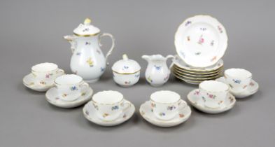 Mocha service for 6 persons, 21-piece, Meissen, post-1950, 2nd choice, new cut-out shape, polychrome