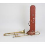 Old trombone in case, 1st half 20th century, engraved on the funnel inscribed ''Viking'' and