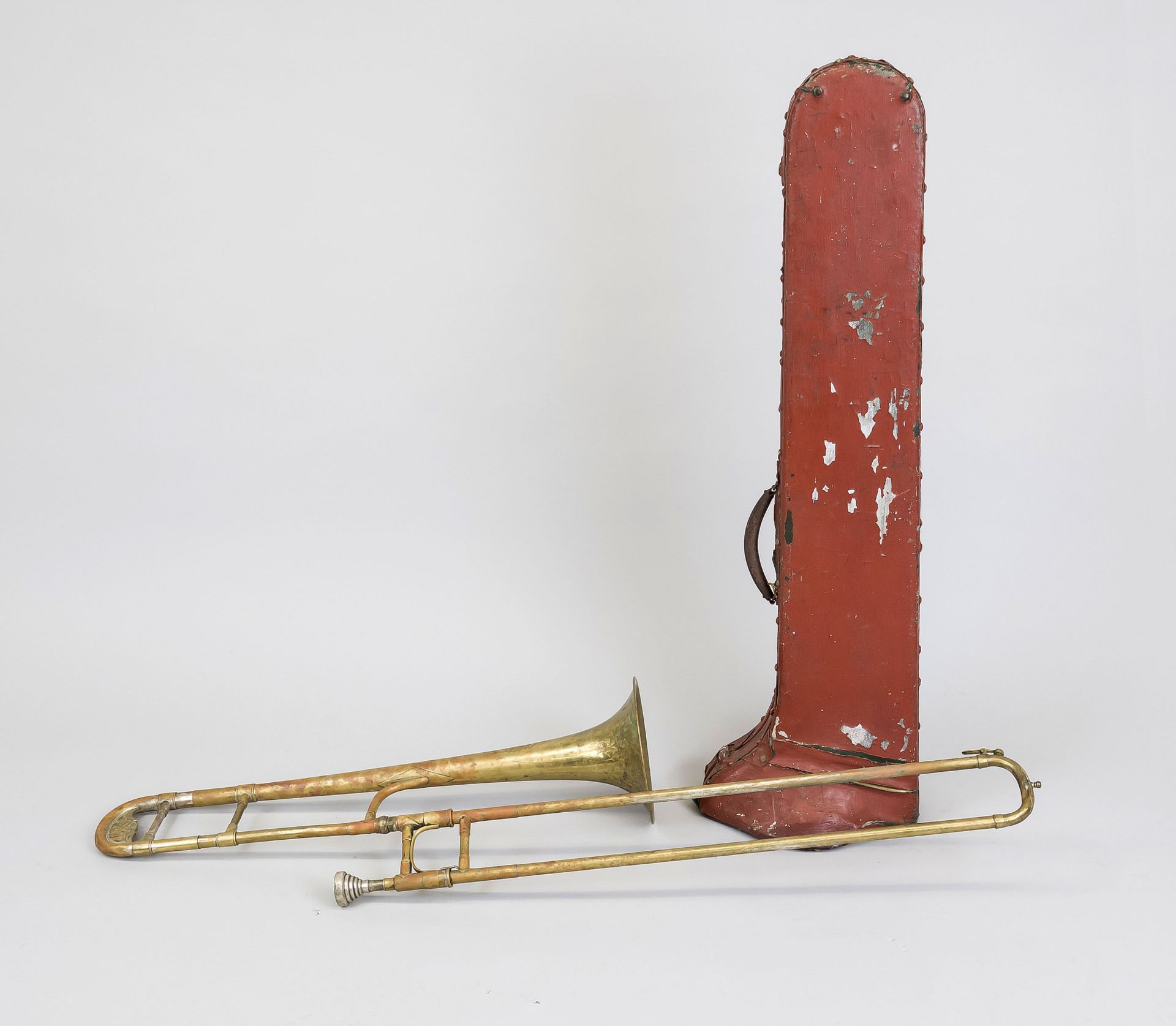 Old trombone in case, 1st half 20th century, engraved on the funnel inscribed ''Viking'' and