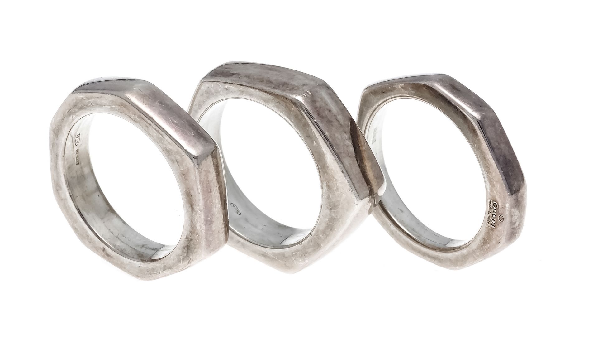 3-piece Gucci ring set silver 925/000 w. 5 and 4 mm, RG 53, Gucci made in Italy and stamped 730