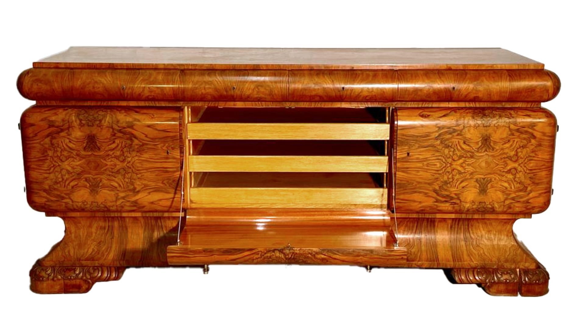 Art-déco sideboard from around 1930, burr walnut veneer, 113 x 250 x 66 cm - The furniture cannot be - Image 2 of 2