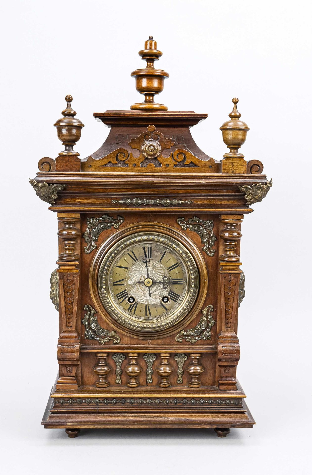 Oak table clock, c. 1860, Lenzkirch no. 29156, architectural design, richly decorated with gilded