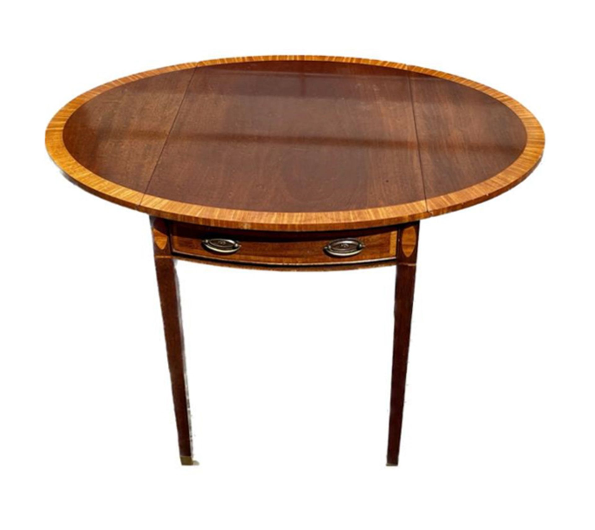 Table, England, c. 1920, rosewood and mahogany, one drawer, fold-out sides, h. 74, l. 72/100 cm.-