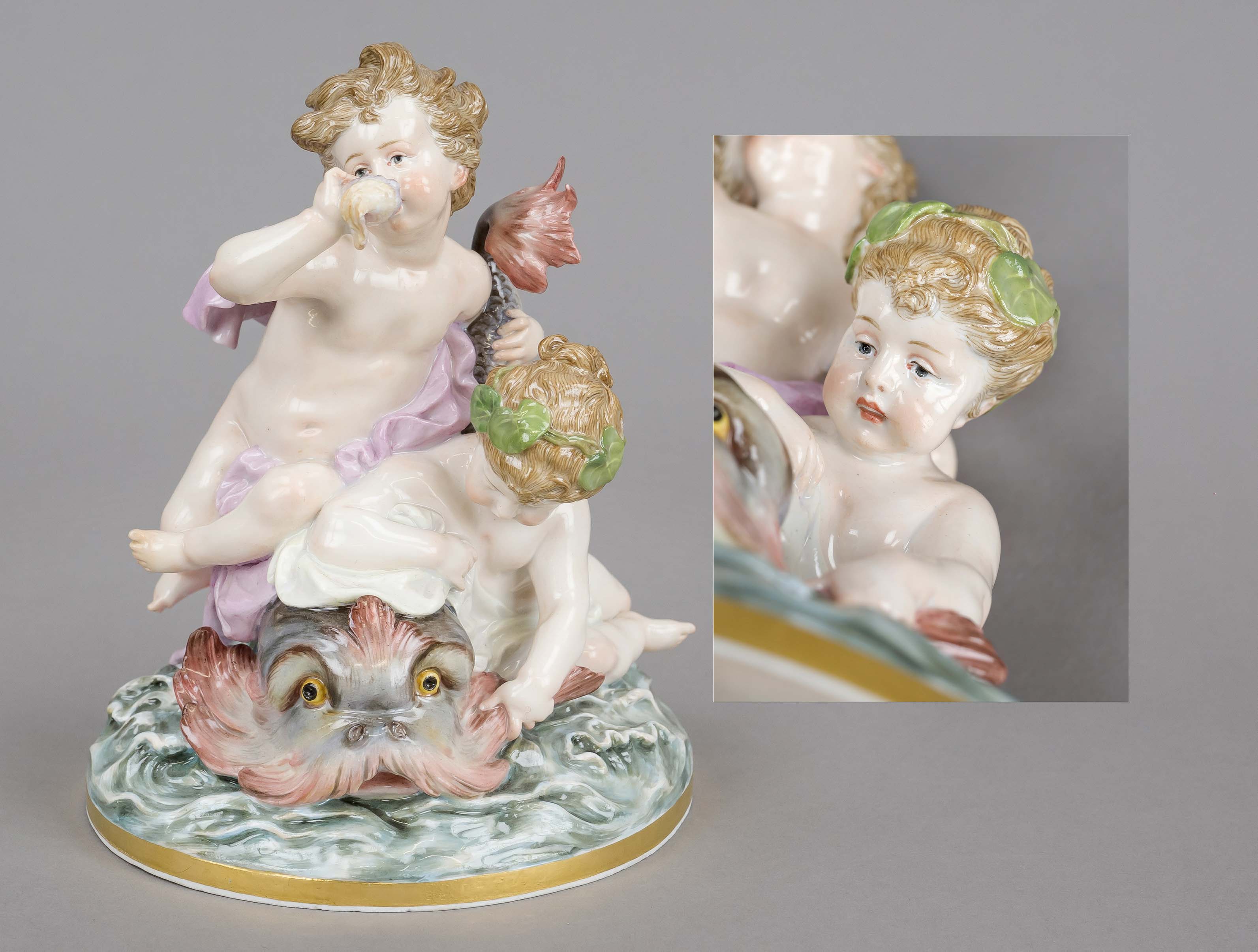 Cupids on a dolphin, Meissen, Knauff Schwerter, mark 1850-1924, 1st choice, designed by Heinich