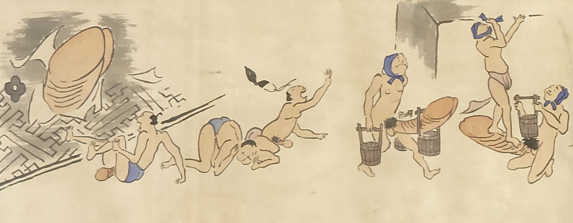 Scroll painting by Gyu Sai Kawanabe, Mocking the Strength of Man, Japan, 17th century, painting on - Image 2 of 6