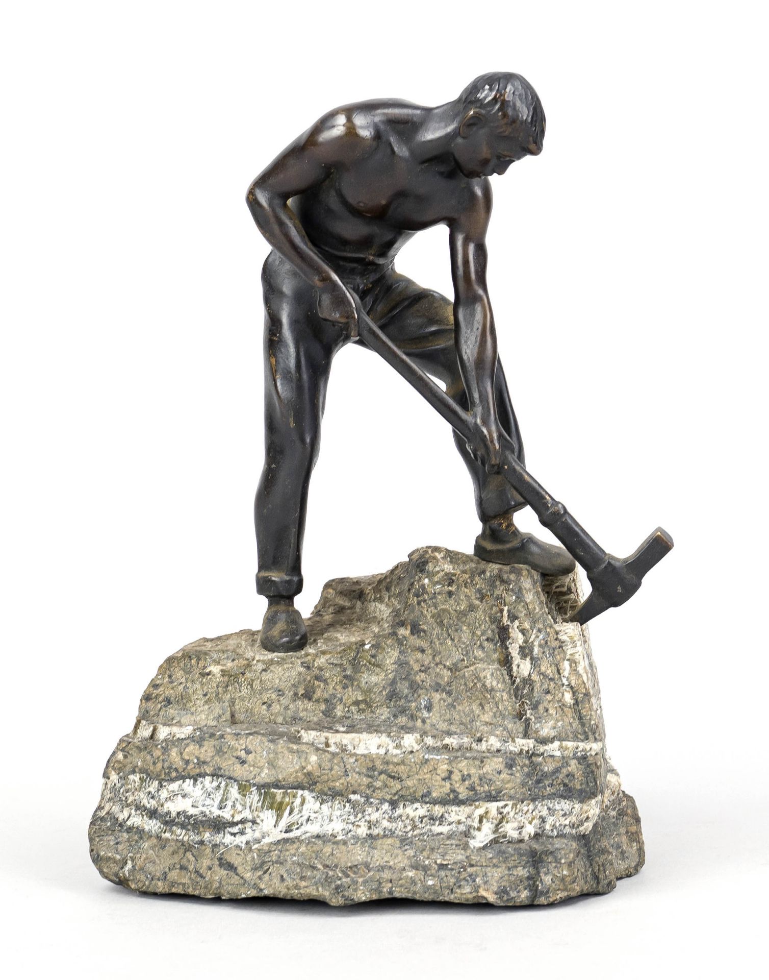 Anonymous sculptor 1st half 20th century, miner with pickaxe, patinated bronze on naturalistic stone