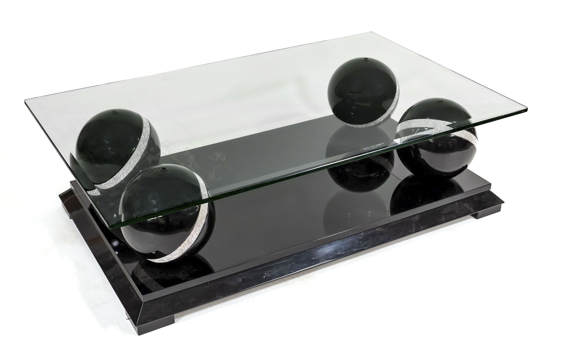 Designer coffee table, late 20th century, black lacquered metal, spheres set with rhinestones, glass