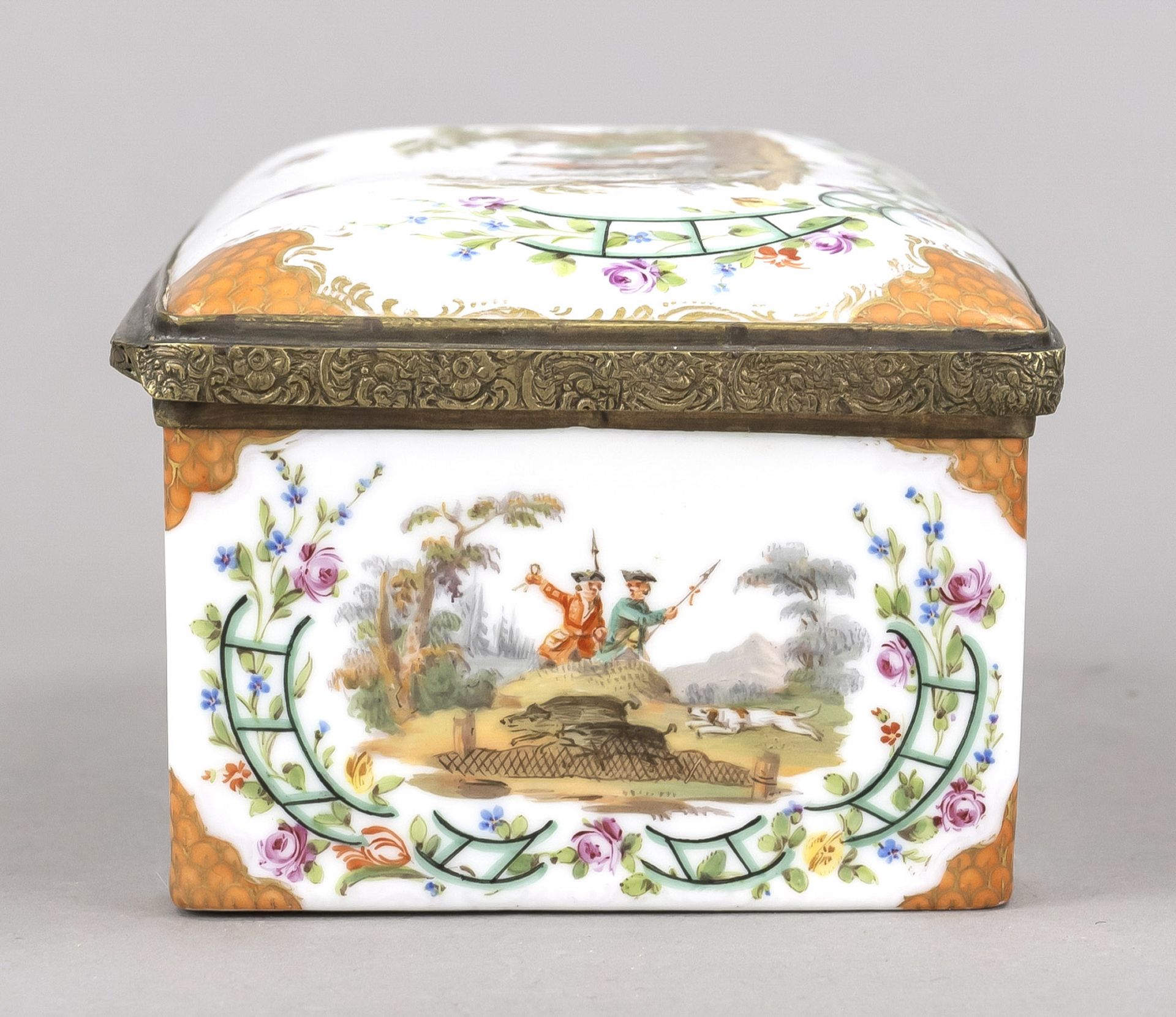 Lidded box in the style of 18th century KPM Berlin, unmarked, rectangular form with hinged, slightly - Image 4 of 7