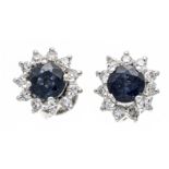Sapphire diamond stud earrings WG 585/000 with 2 round faceted sapphires 4.3 mm blue, transparent