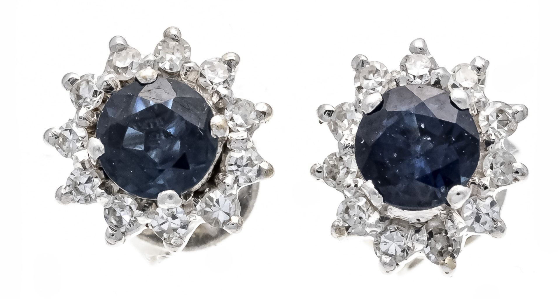 Sapphire diamond stud earrings WG 585/000 with 2 round faceted sapphires 4.3 mm blue, transparent