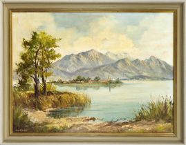 Horst Hartung (1921-?), Berlin landscape painter, View of the Fraueninsel in Lake Chiemsee, oil on