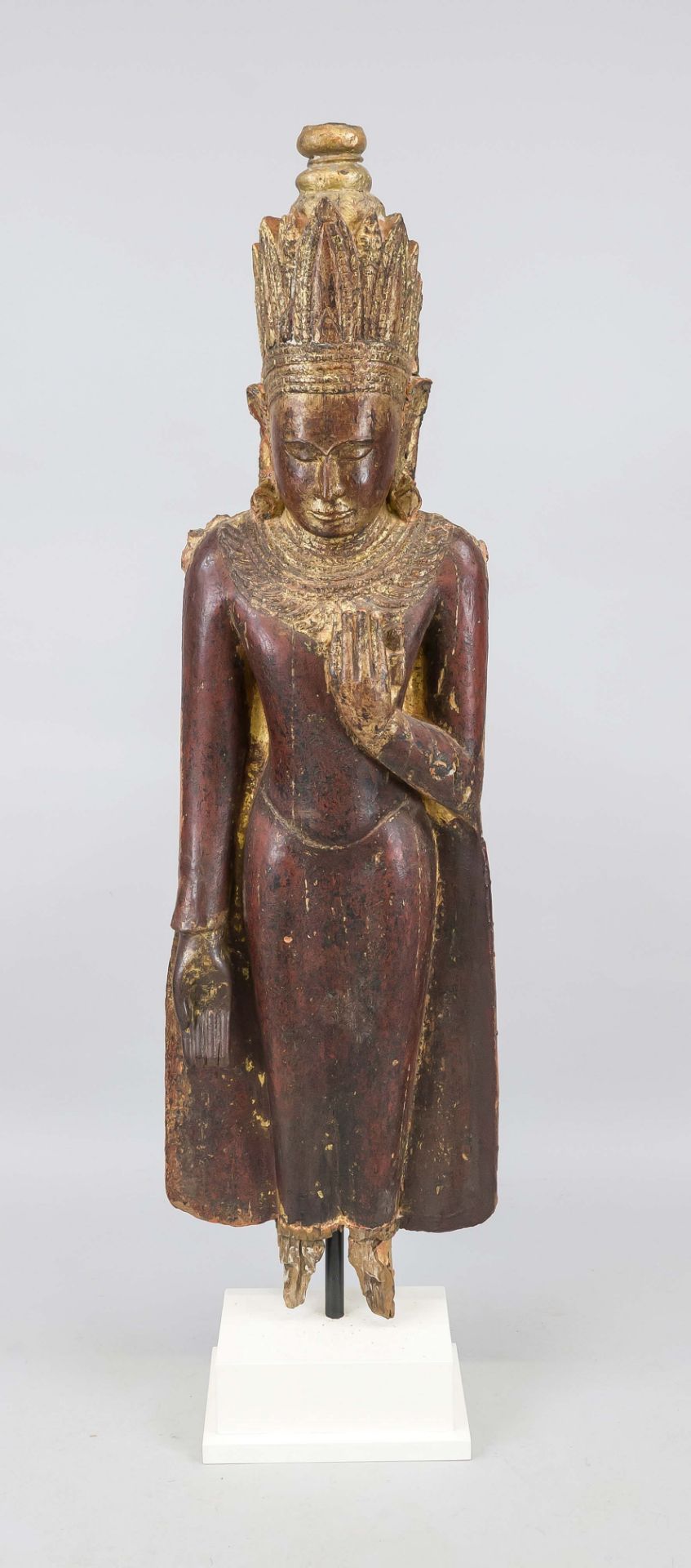 Large Buddha in Bagan style, Burma, exact age uncertain. Wood with remnants of old paint and gold.