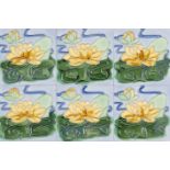 40 Art Nouveau tiles, 20th century, relief with water lilies, polychrome painted and glazed,