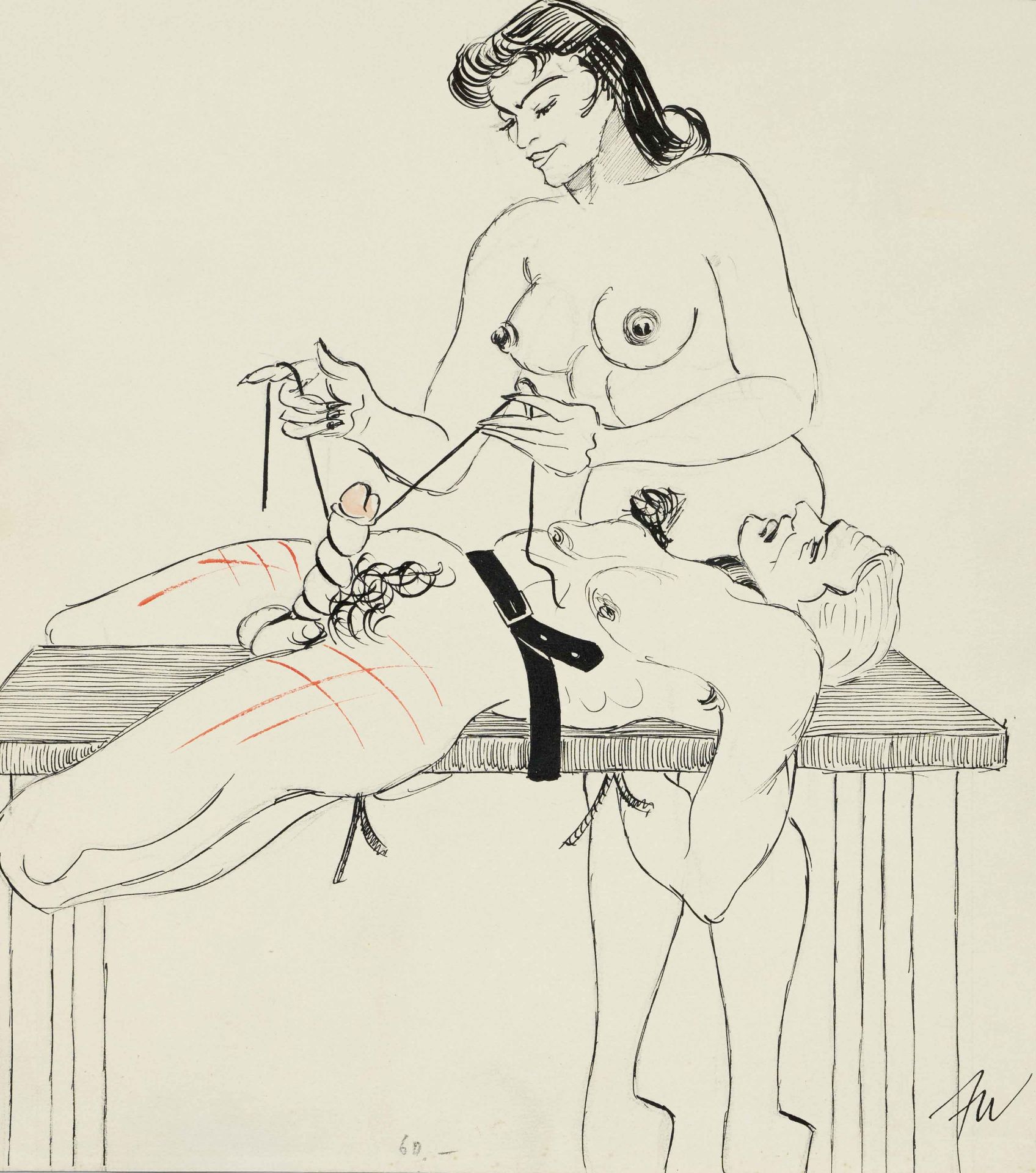 Erotica -- Monogrammist AM a.o., c. 1970, three explicit erotic drawings with dominatrix and SM - Image 3 of 3