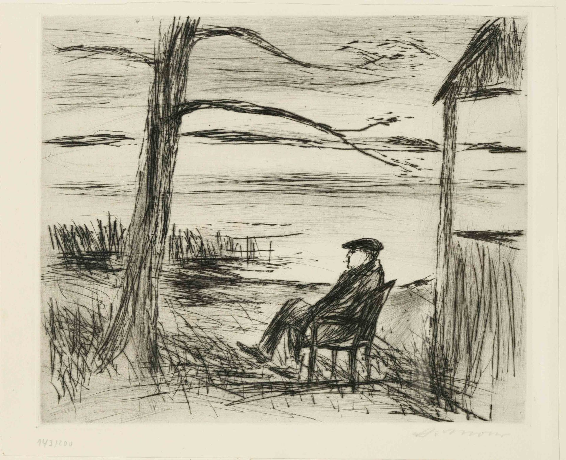 Arno Mohr (1910-2001), Man with cigarette sitting on a chair, drypoint, signed lower right, numbered