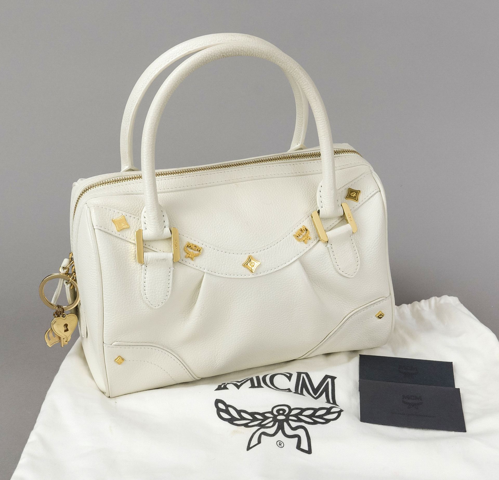 MCM, Ivory Grained Leather Bag, ivory grained leather, gold-colored hardware, short double