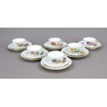 Six three-piece tea set, Meissen, 20th century, 1st and 2nd choice, with polychrome flower bouquet