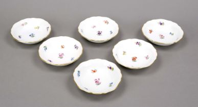 Six small bowls, Meissen, marks after 1934, 1st choice, new cut-out shape, polychrome scattered