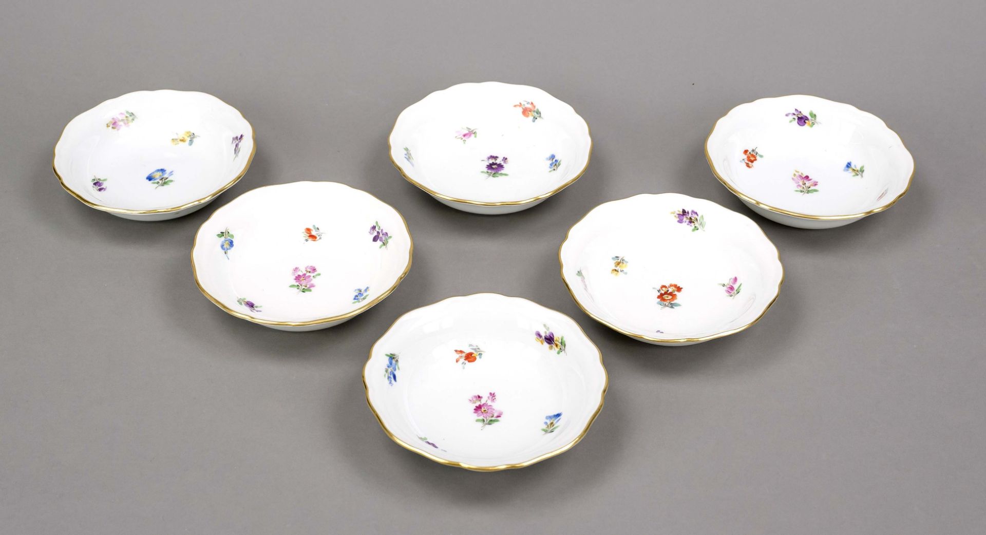 Six small bowls, Meissen, marks after 1934, 1st choice, new cut-out shape, polychrome scattered