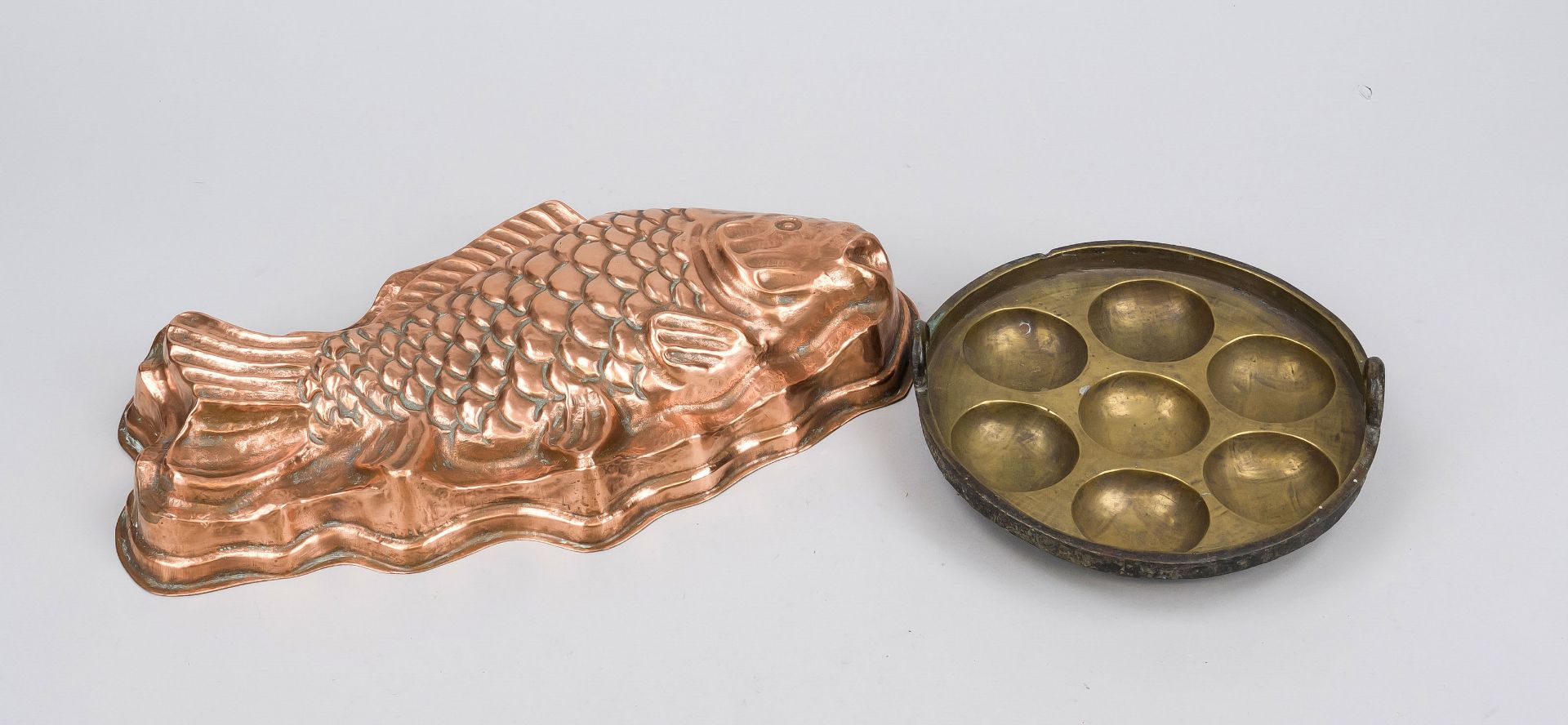 Two baking tins, 19th/20th century, one in the shape of a fish, copper, tinned inside, with