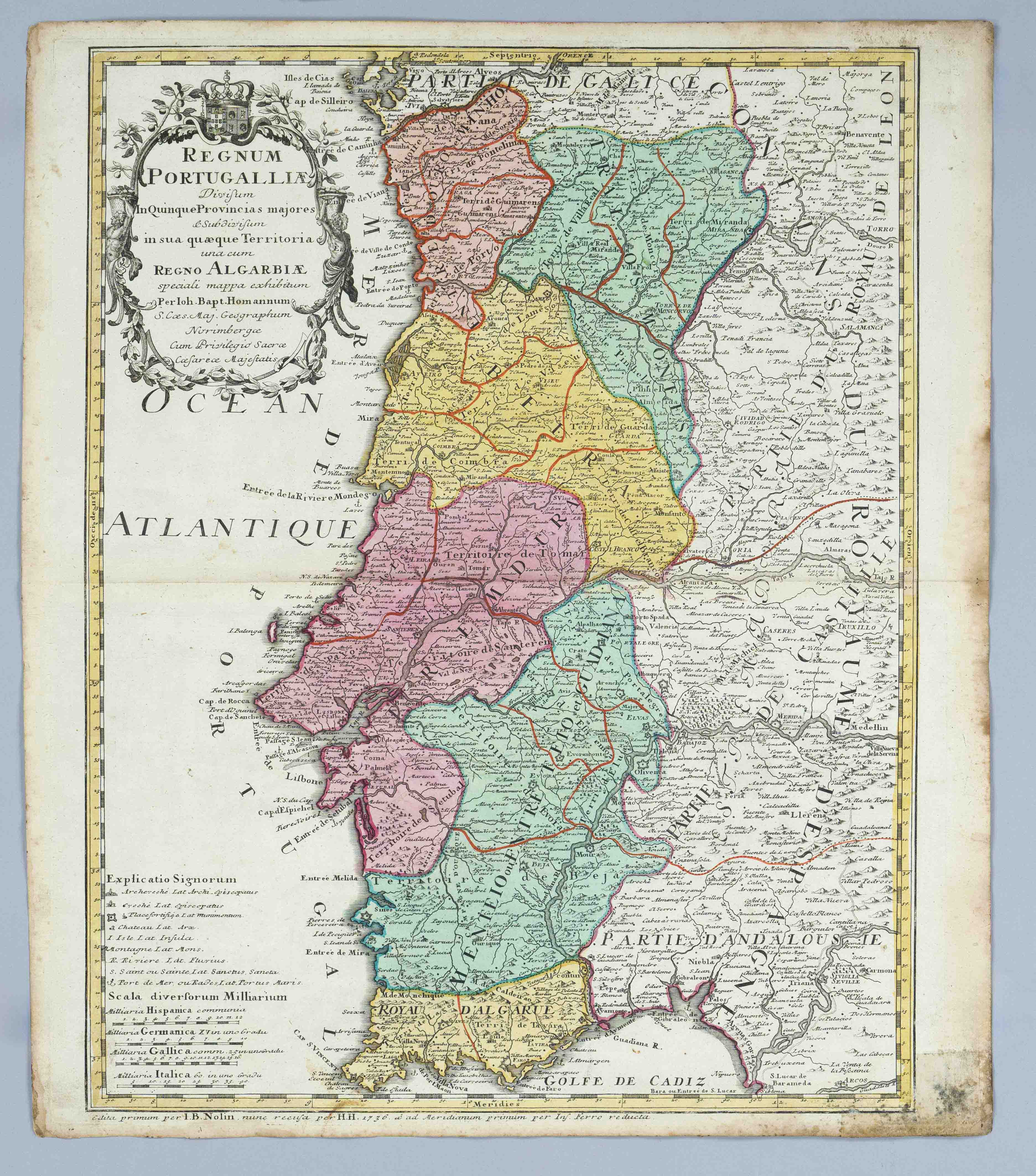 Historical map of Portugal, ''Regnum Portugalliae Divisum In quinque Provinciae Majores...'', partly