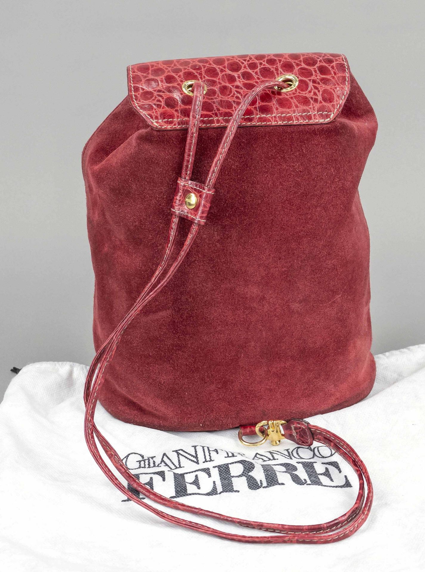 Gianfranco Ferré, small vintage backpack, burgundy suede with details in smooth leather of the - Image 2 of 2