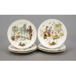 Six wall plates, Sarreguemines. c. 1900, ceramic with beige glaze and colorful allegorical