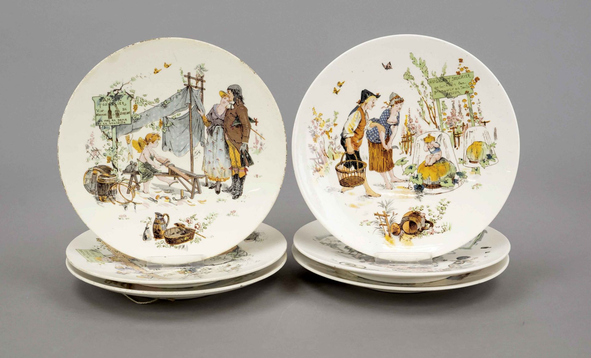 Six wall plates, Sarreguemines. c. 1900, ceramic with beige glaze and colorful allegorical