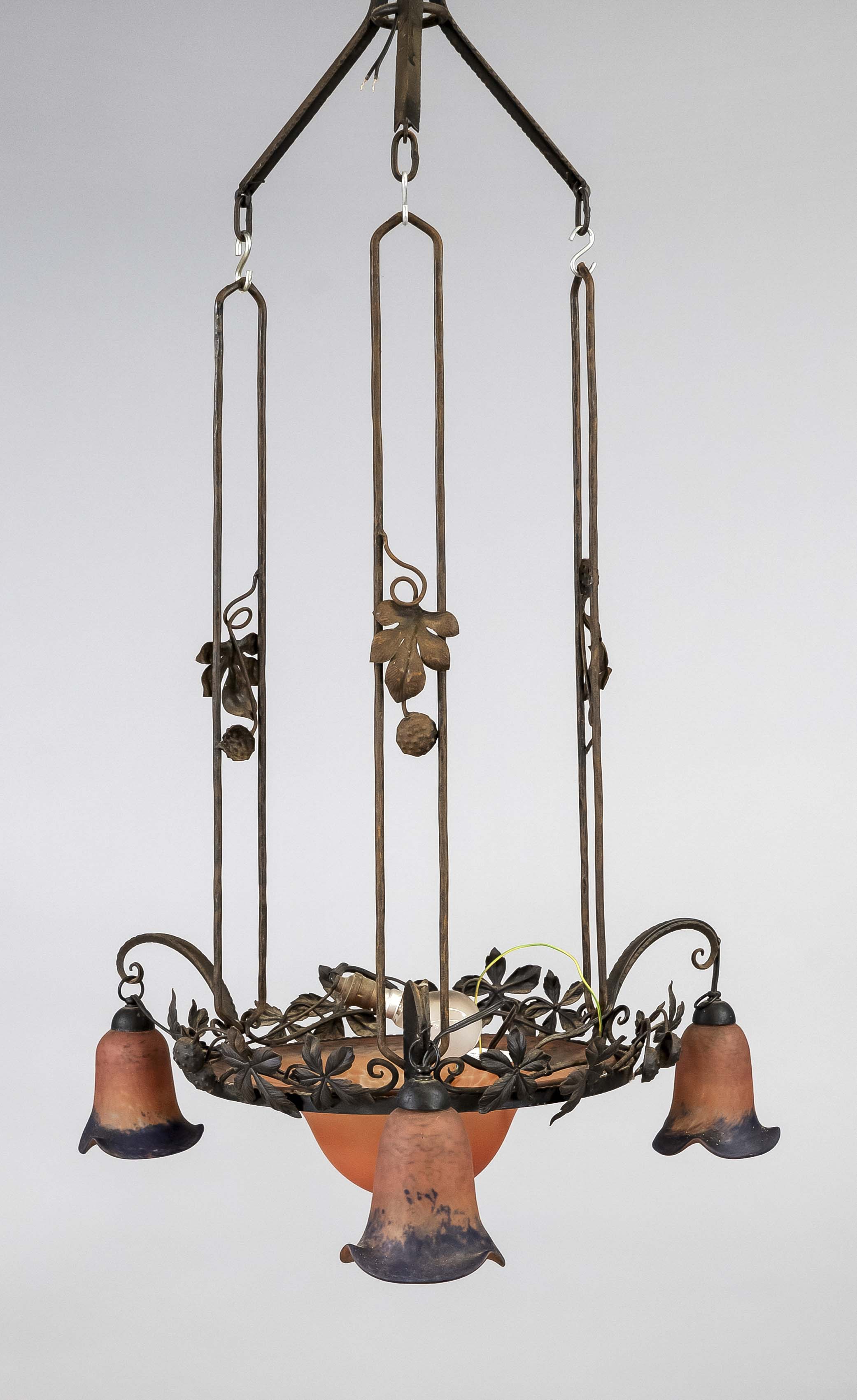 Ceiling lamp, France, c. 1900, Daum? Iron frame with chestnut tendril, large bowl and 3 shades of