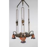 Ceiling lamp, France, c. 1900, Daum? Iron frame with chestnut tendril, large bowl and 3 shades of