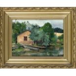 R. Alkeit, early 20th century, River Landscape with Barges at a Country House, oil on canvas, signed