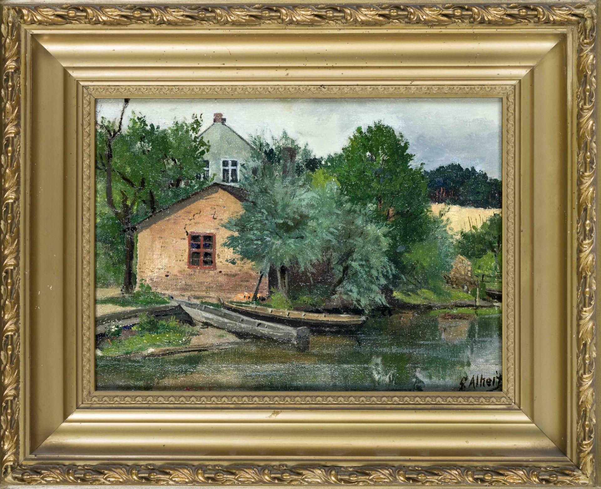 R. Alkeit, early 20th century, River Landscape with Barges at a Country House, oil on canvas, signed