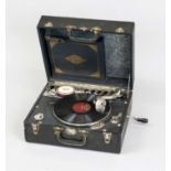 Gramophone ''Silvertone Super Deluxe'', with crank, compartment with spare needles and brush. A