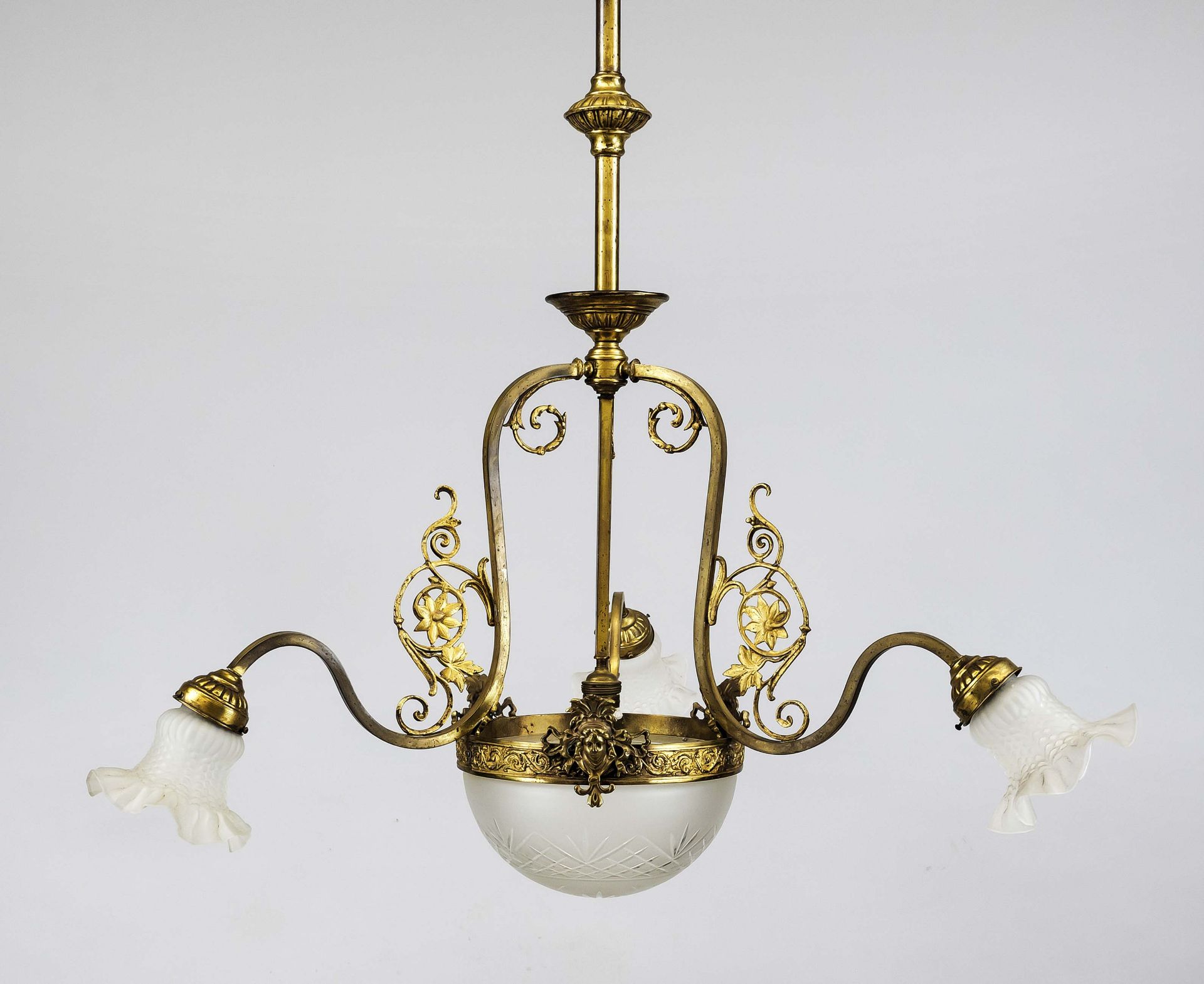 Ceiling lamp, late 19th century Ornamented brass wreath with residual gilding on a three-pass