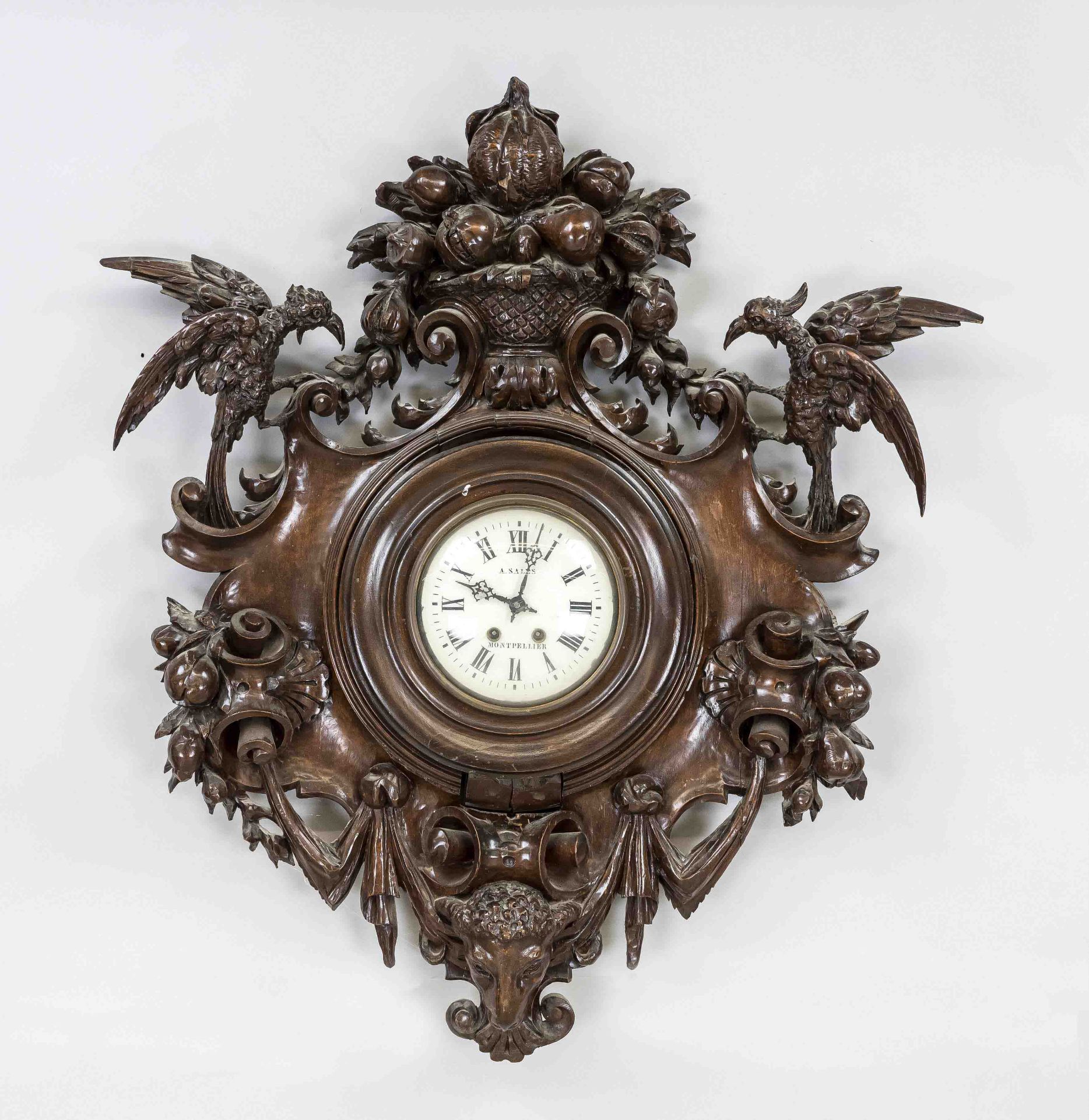 large carved wall clock, 19th century, mahogany, partly ebonized, inscribed on the dial ''A. Sales -