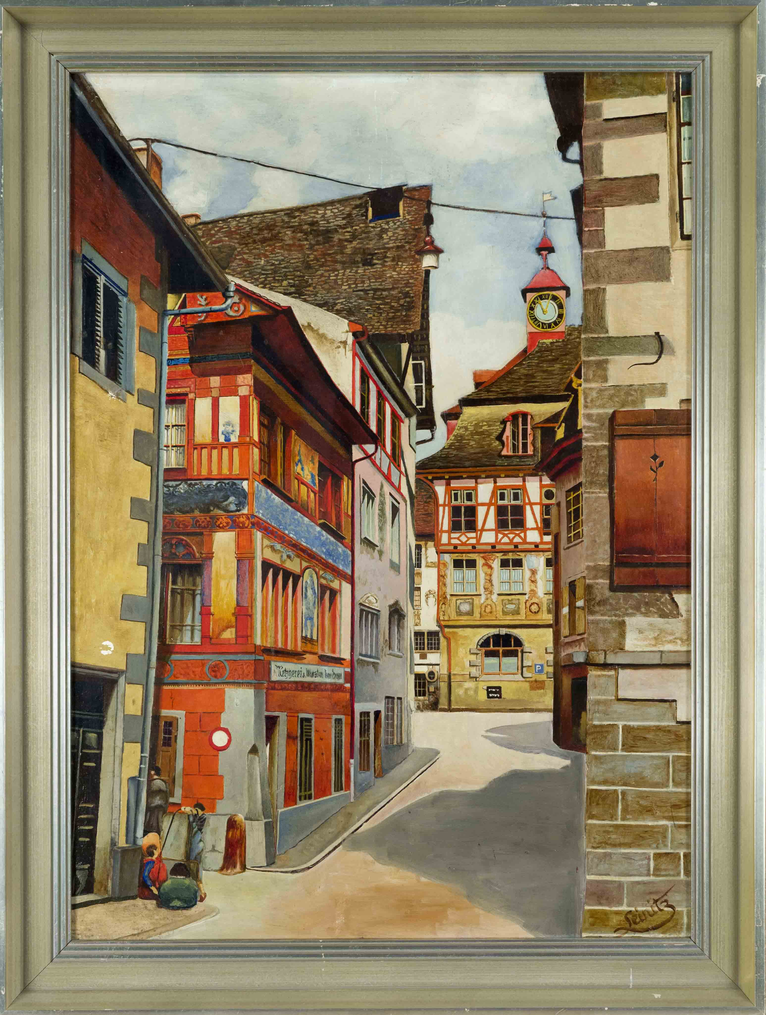 signed Seinitz, mid-20th century, colorful view of Stein am Rhein in Switzerland, oil on