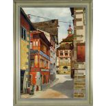 signed Seinitz, mid-20th century, colorful view of Stein am Rhein in Switzerland, oil on