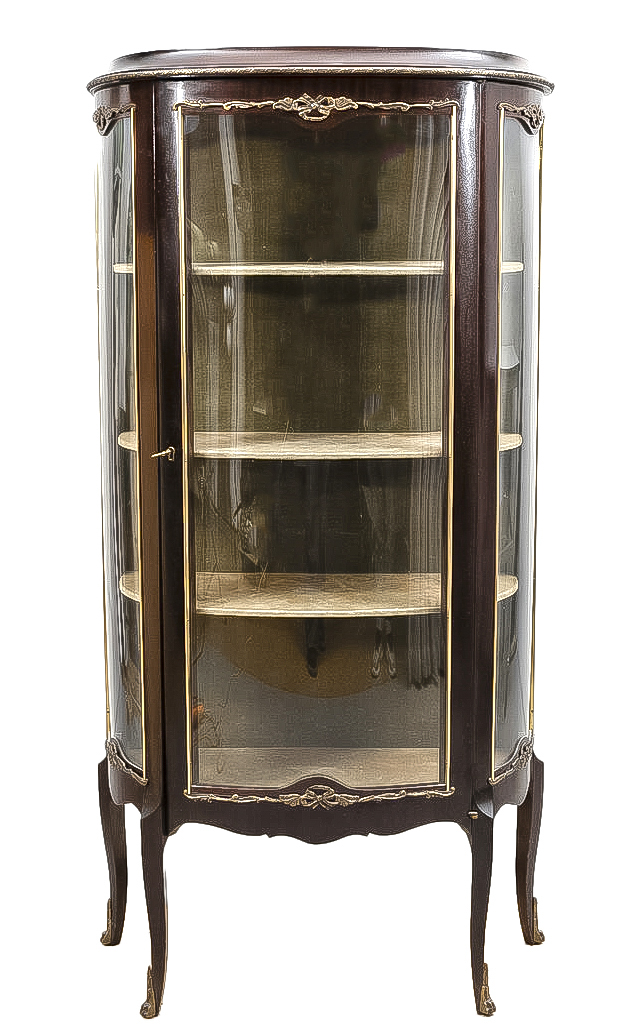 Elegant rococo-style display cabinet, circa or after 1900, mahogany veneer, glazed door and sides,