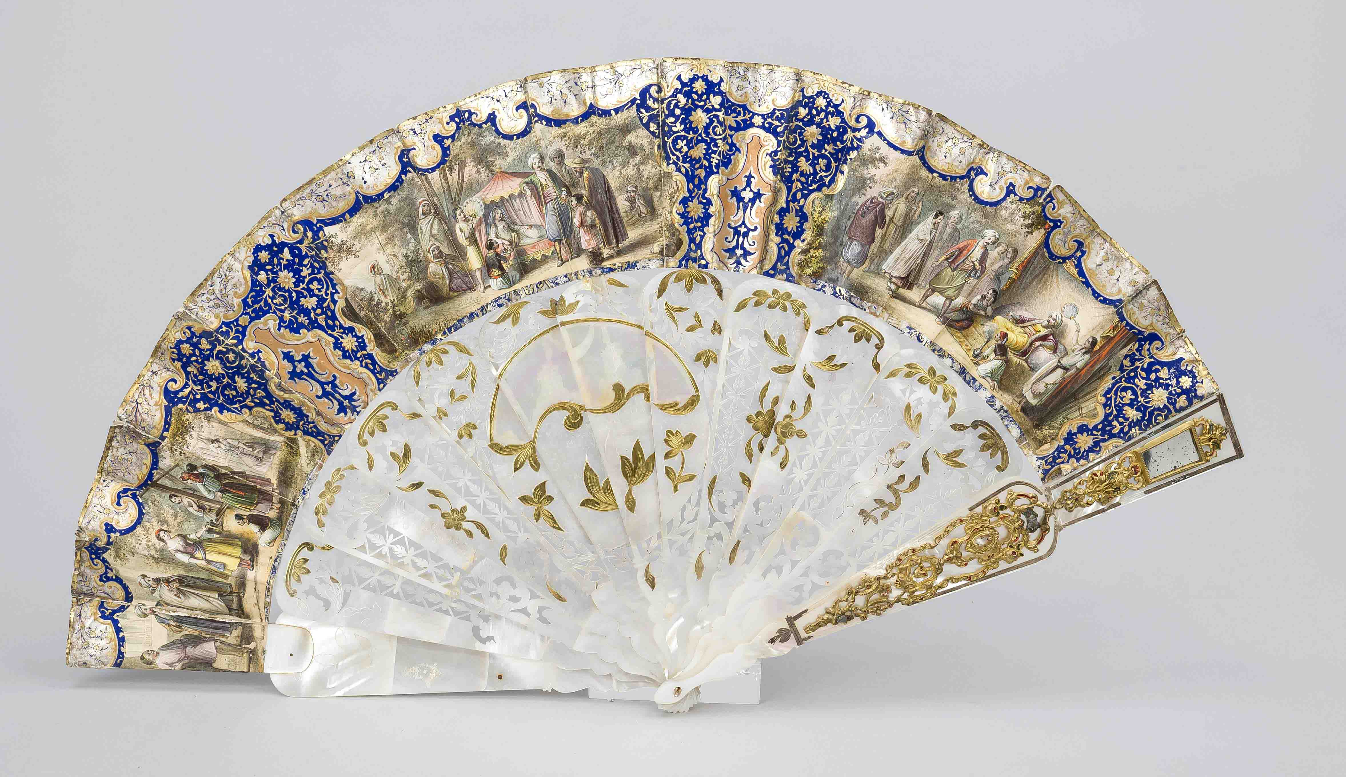 An important fan from a stately home, 18th century, polychrome painted paper with antique scenes and