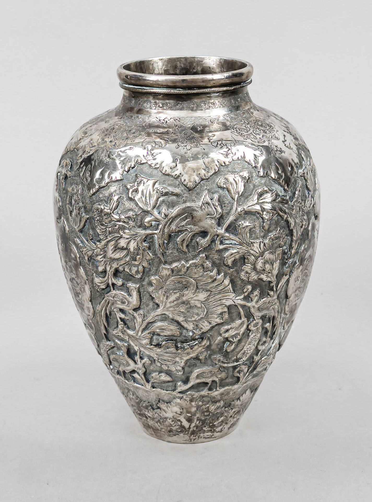 Vase, Persia (?), c. 1900, hallmarked silver, round base, ovoid body, profiled mouth rim, wall