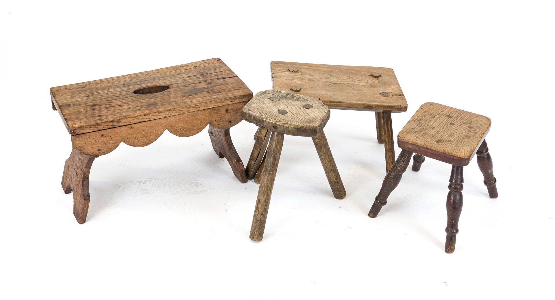 Set of four stools of different sizes, 18th/19th century, oak, h. up to 33, w. up to 50 cm