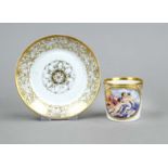 Cup with saucer, W mark, conical shape with angular side handle, polychrome fine painting on the