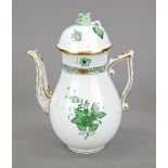 Coffee pot, Herend, mark after 1967, Ozier shape, Apponyi decor in green, gilt, h. 22 cm