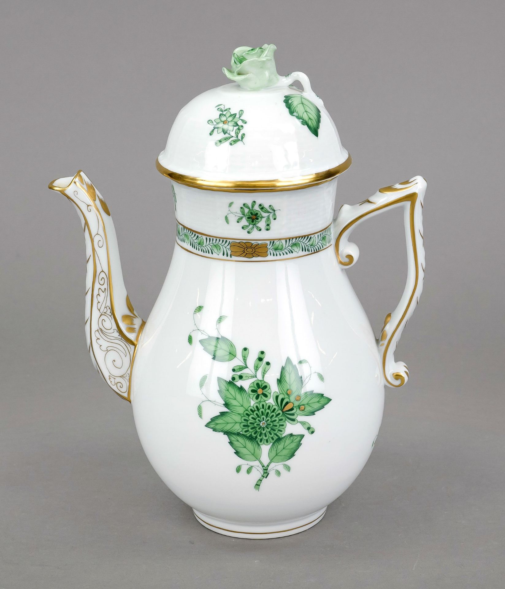 Coffee pot, Herend, mark after 1967, Ozier shape, Apponyi decor in green, gilt, h. 22 cm