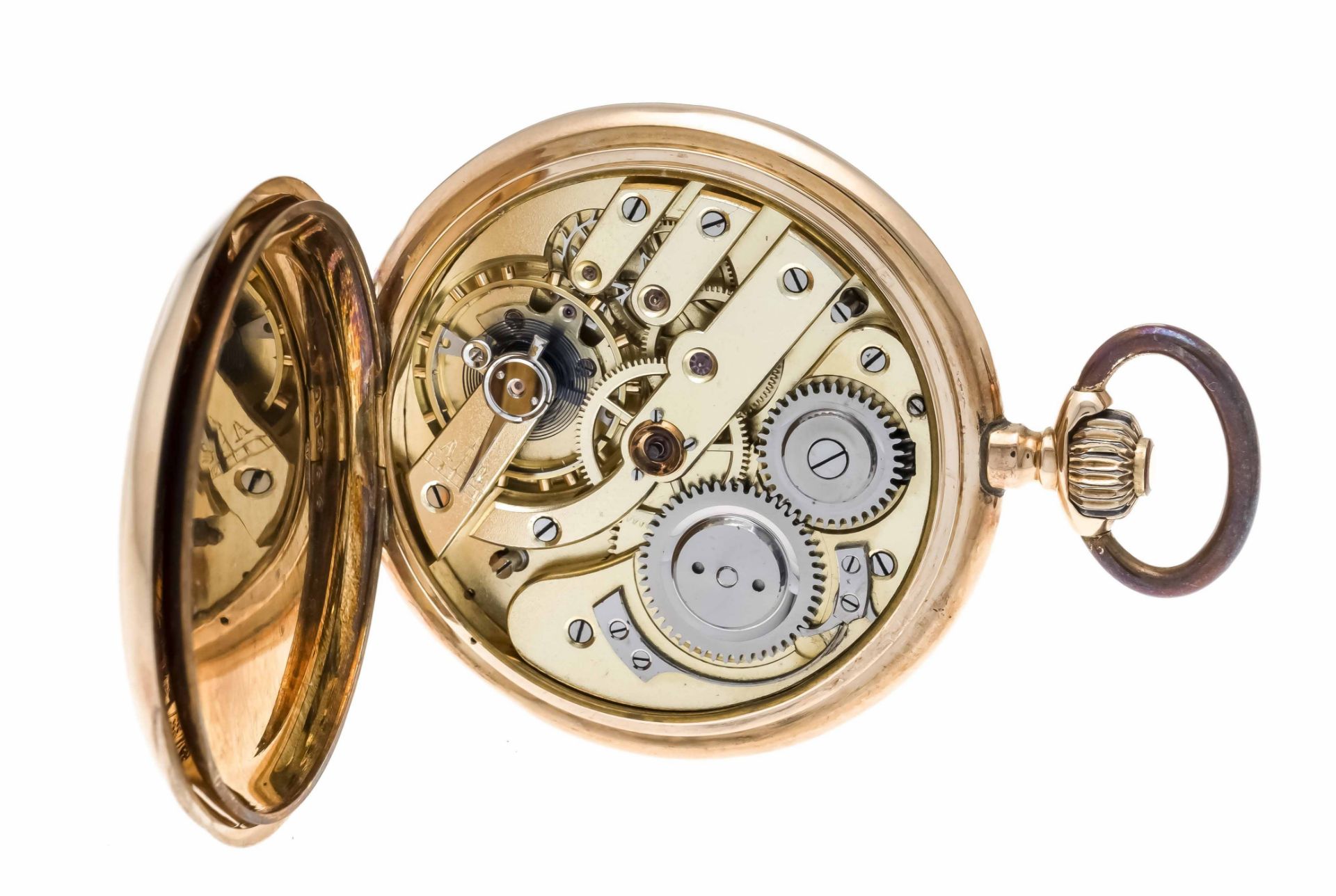 A gentleman's sprung-cap pocket watch, 585/000 GG, 2 gold covers, engine-turned case on both - Image 4 of 5