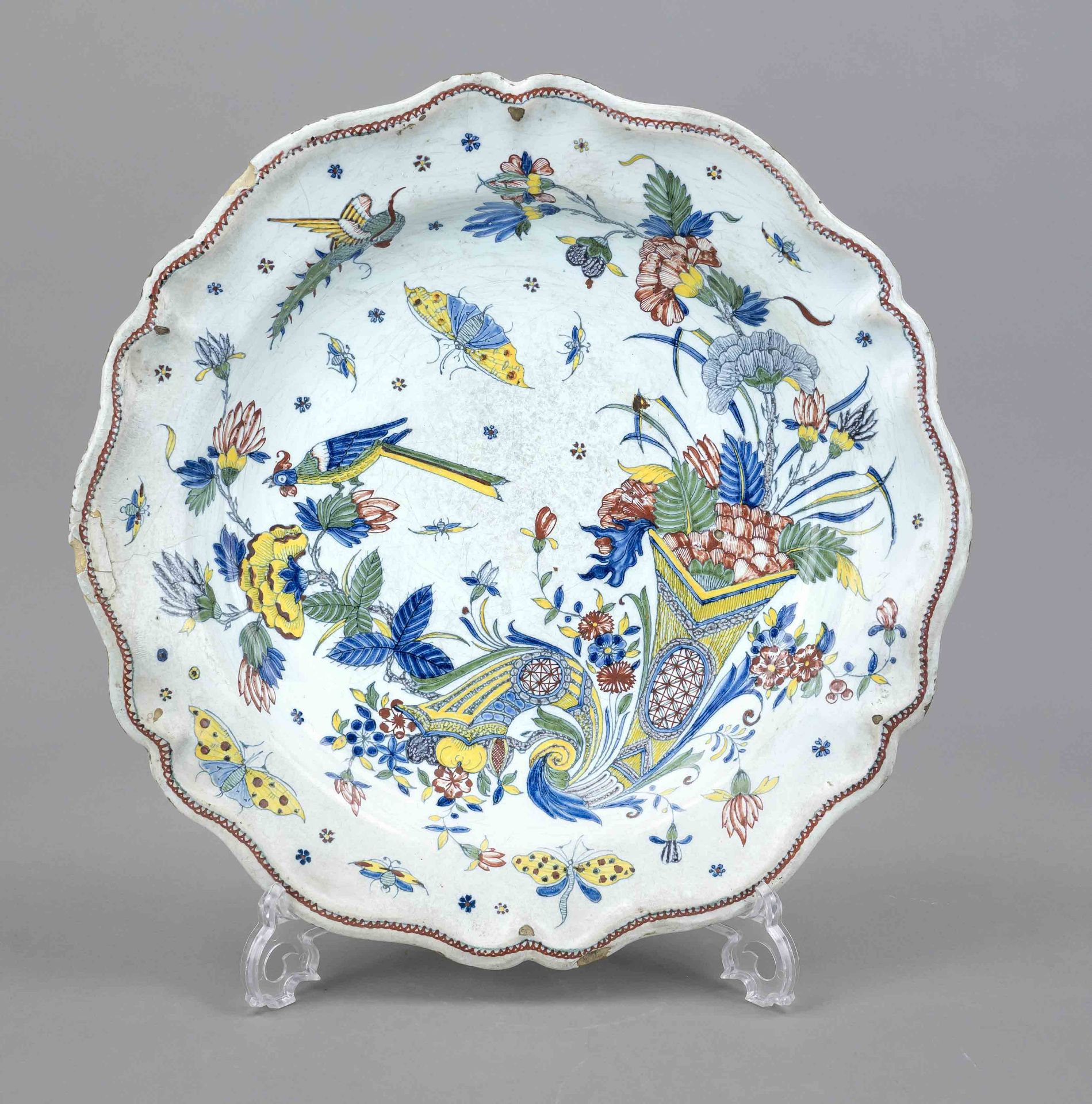 Large round bowl, Rouen, France, 18th century, faience, polychrome painting with cornucopia,