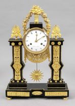 French. A bronze fire-gilt column pendulum clock, polished satin finish, the dial marked 'Beltz a