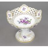 A top bowl, Meissen, mark after 1934, 1st choice, round foot with turned noded shaft, above basket