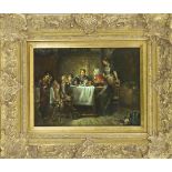 signed R. Kuenzel, late 20th century, Peasant Family at the Evening Table, oil on wood, signed lower