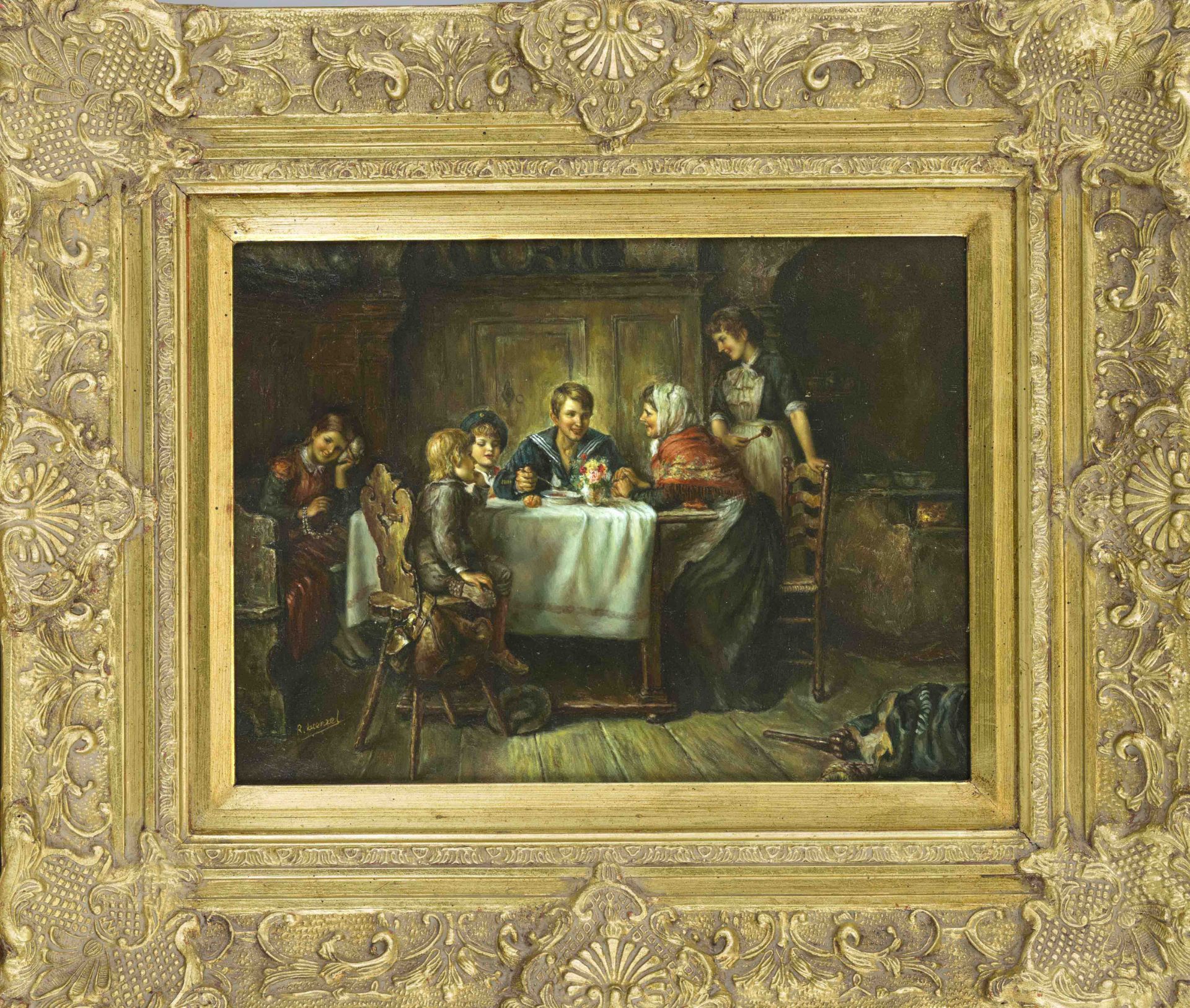 signed R. Kuenzel, late 20th century, Peasant Family at the Evening Table, oil on wood, signed lower